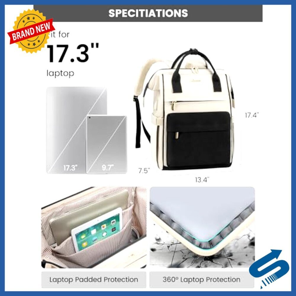 Large 17-Inch Laptop Backpack with USB Port, Waterproof Nylon Work Bag - Picture 3 of 6